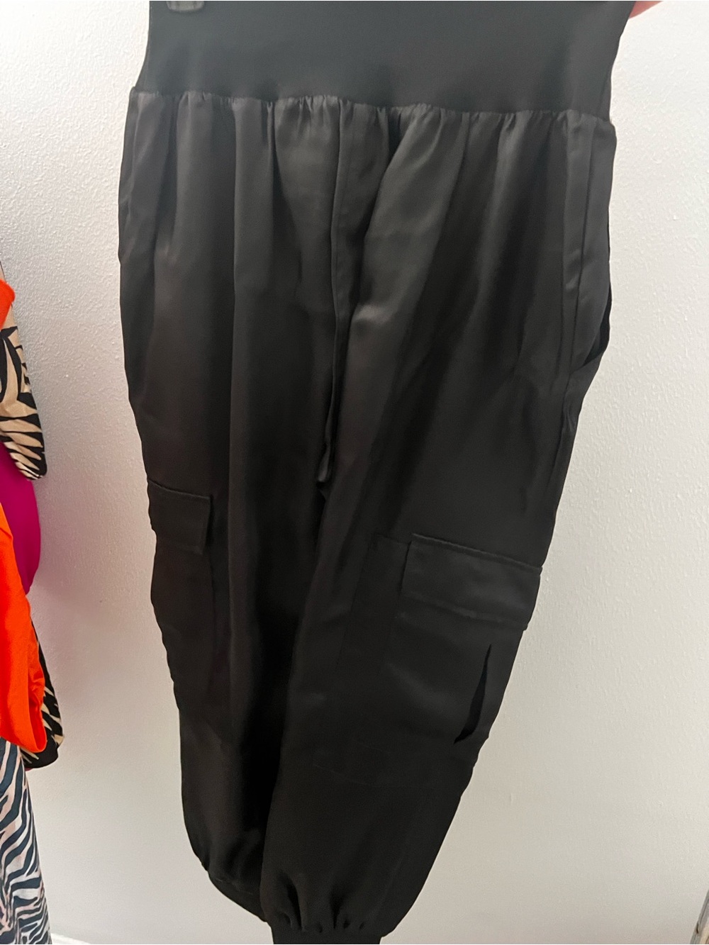 Black Silk Cargo Jogger Pants with Elastic Waist & Ankle Cuffs